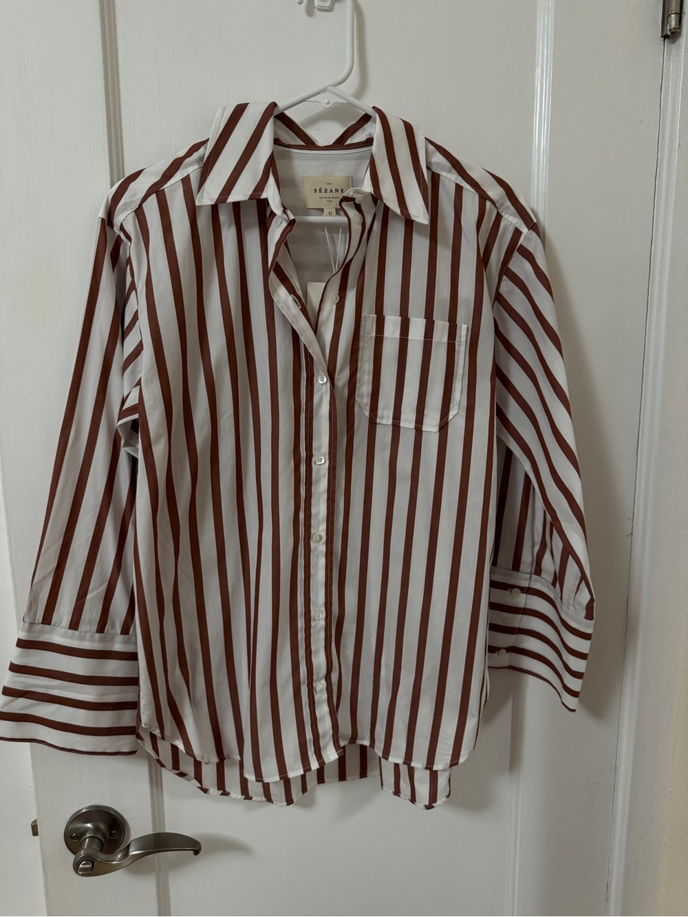 Sezane White and Brown Vertical-Stripe Button Down Shirt